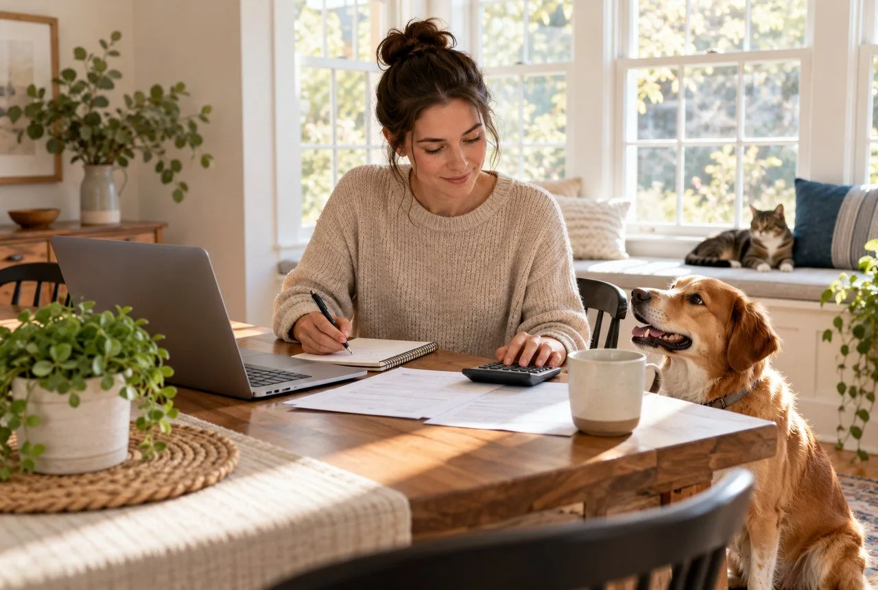 Owner considering paperwork beside a dog at a home table