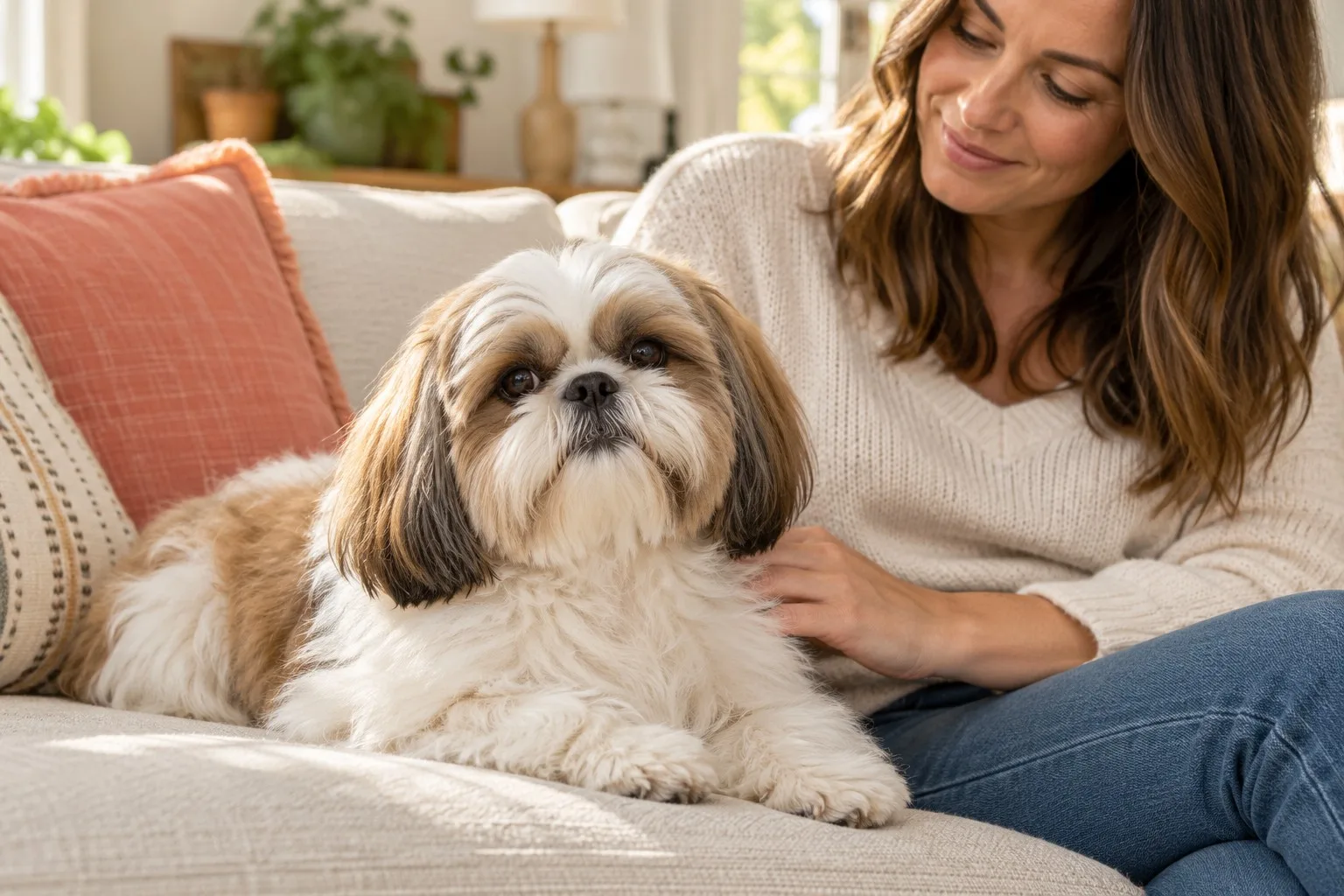 Small long-haired dog sitting beside an owner on a sofa